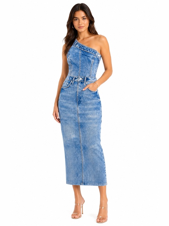 Her..Bottari Dresses & Skirts - Her..Bottari One Shoulder Faux Denim Look Midi Dress – Blue – Size M